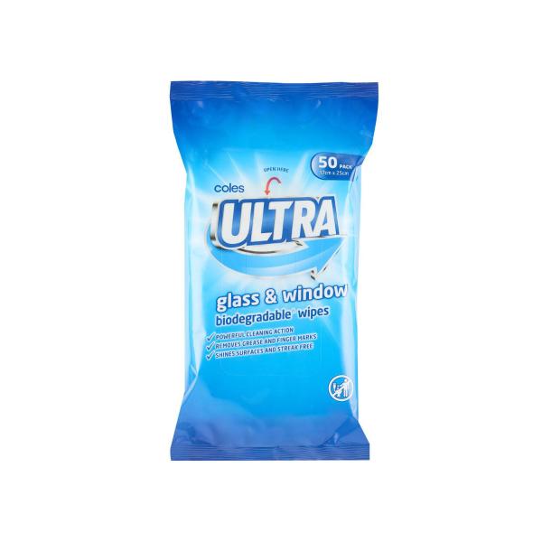 COLES ULTRA GLASS & WINDOW BIODEGRADABLE WIPES 50 PACK