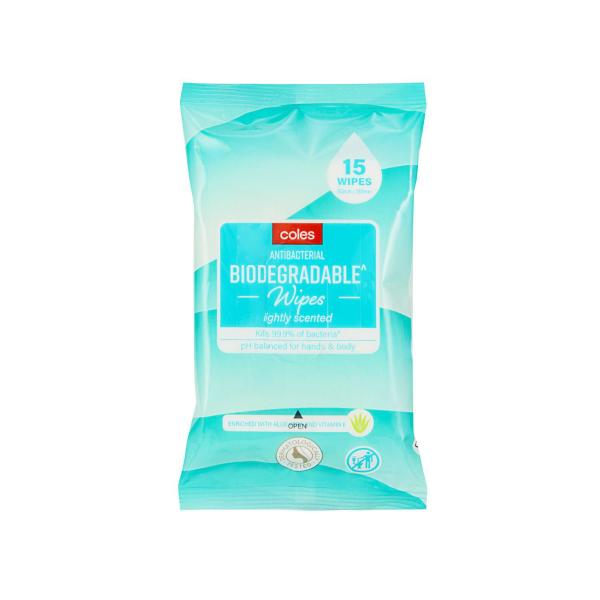 COLES HAND & BODY ANTIBACTERIAL BIODEGRADABLE WIPES 15 PACK