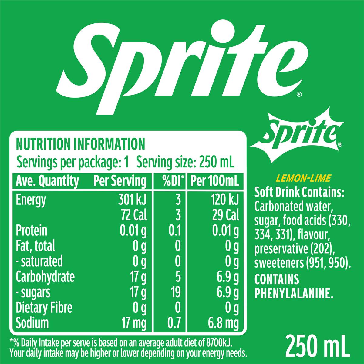 Sprite Lemonade Soft Drink Can 250ml