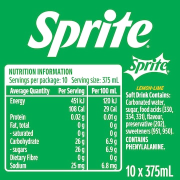 Sprite Lemonade Soft Drink Cans 375mL x 10 pack