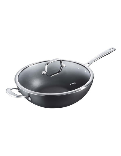 One Hard Anodised Wok with Lid 32cm in Black