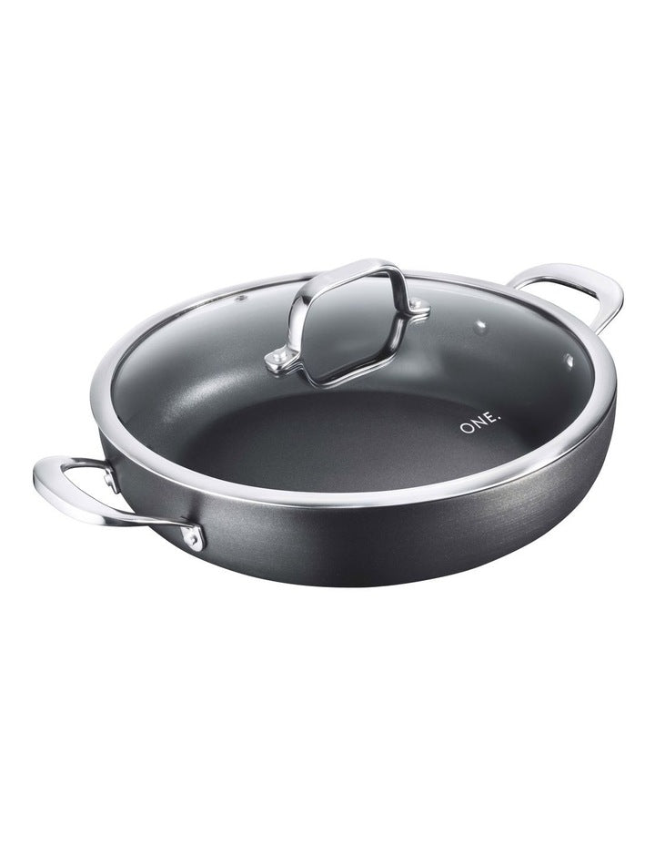 One Hard Anodised Saute Pan With Lid And 2 Helper Handles 30cm in Black