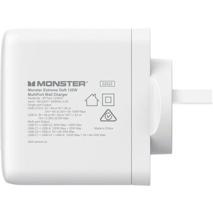 Monster 120W GaN USB-C/A Port Wall Charger (White)