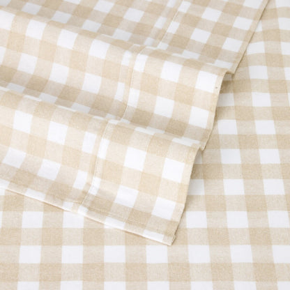 Gingham Cotton Flannelette Sheet Set - Double Bed, Tan