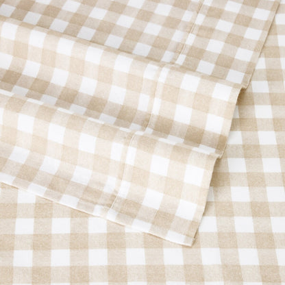 Gingham Cotton Flannelette Sheet Set - Single Bed, Tan