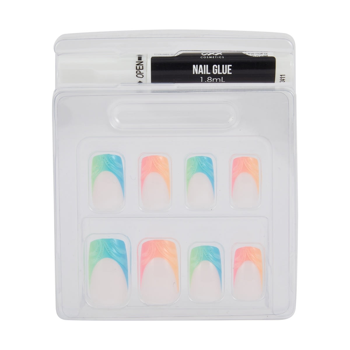OXX Cosmetics 24 Pack Artificial Nails with Adhesive - Medium Square Shape, Neon Emboss