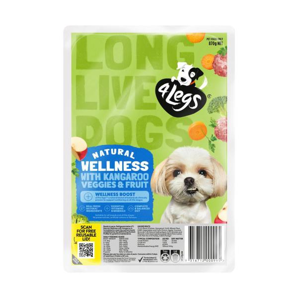 4 LEGS NATURAL + WELLNESS BOOST WITH KANGAROO VEGIES & FRUIT MEATBALL DOG FOOD TRAYS 870 GRAM