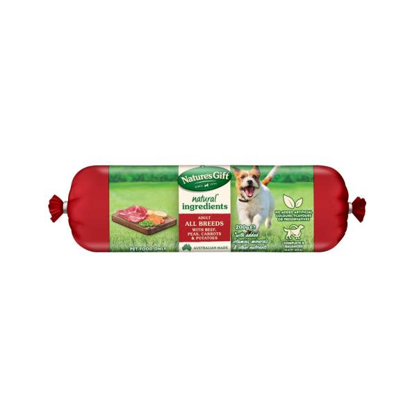 NATURE'S GIFT ADULT CHILLED FRESH DOG FOOD ROLL WITH BEEF PEAS & CARROTS & POTATOES 200G