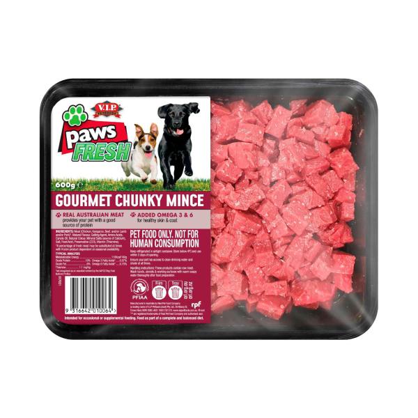 V.I.P PAWS ADULT CHILLED FRESH DOG FOOD CHUNKY BEEF MINCE 600GRAM