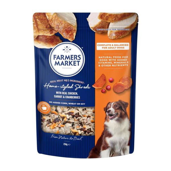 FARMERS MARKET ADULT DOG FOOD HOMESTYLE SHREDS WITH CHICKEN CARROT & CRANBERRIES 250GRAM