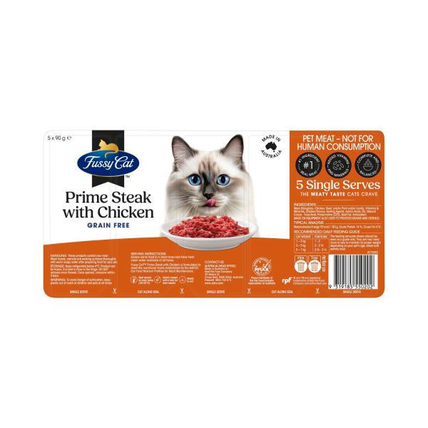 FUSSY CAT GRAIN FREE ADULT CHILLED FRESH CAT FOOD PRIME STEAK MINCE WITH CHICKEN 5X90GRAM