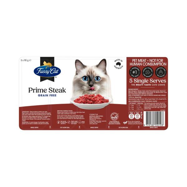 FUSSY CAT GRAIN FREE ADULT CHILLED FRESH CAT FOOD PRIME STEAK MINCE 5X90GRAM
