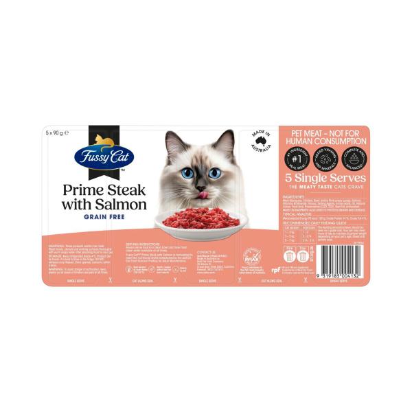 FUSSY CAT GRAIN FREE ADULT CHILLED FRESH CAT FOOD PRIME STEAK MINCE WITH SALMON 5X90GRAM