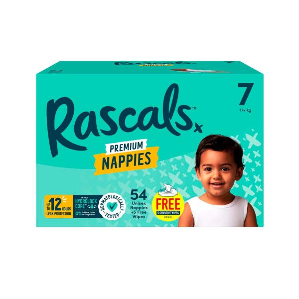 RASCALS PREMIUM NAPPIES SIZE 7 (17+KG) 54 PACK