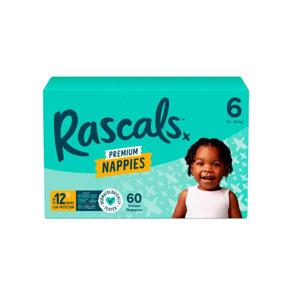 RASCALS PREMIUM NAPPIES SIZE 6 (15-20KG) 60 PACK