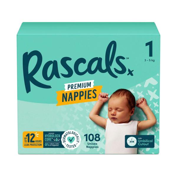 RASCALS PREMIUM NAPPIES SIZE 1 (3-5KG) 108 PACK