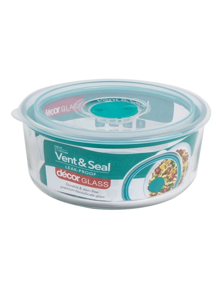 Vent And Seal Round Glass Food Storage 750ml in Teal
