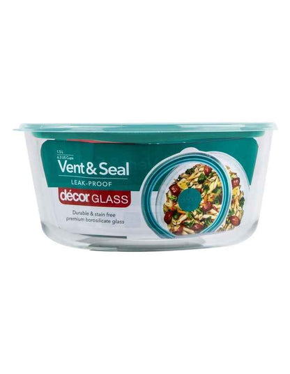Vent and Seal Glass Round Food Storage 1.5L in Teal