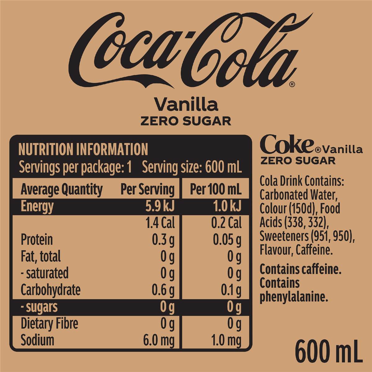 Coca-Cola Zero Sugar Vanilla Soft Drink Bottle 600mL