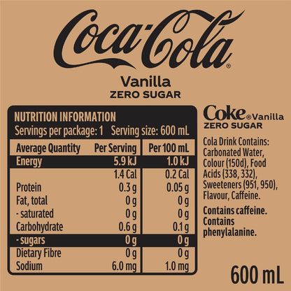Coca-Cola Zero Sugar Vanilla Soft Drink Bottle 600mL
