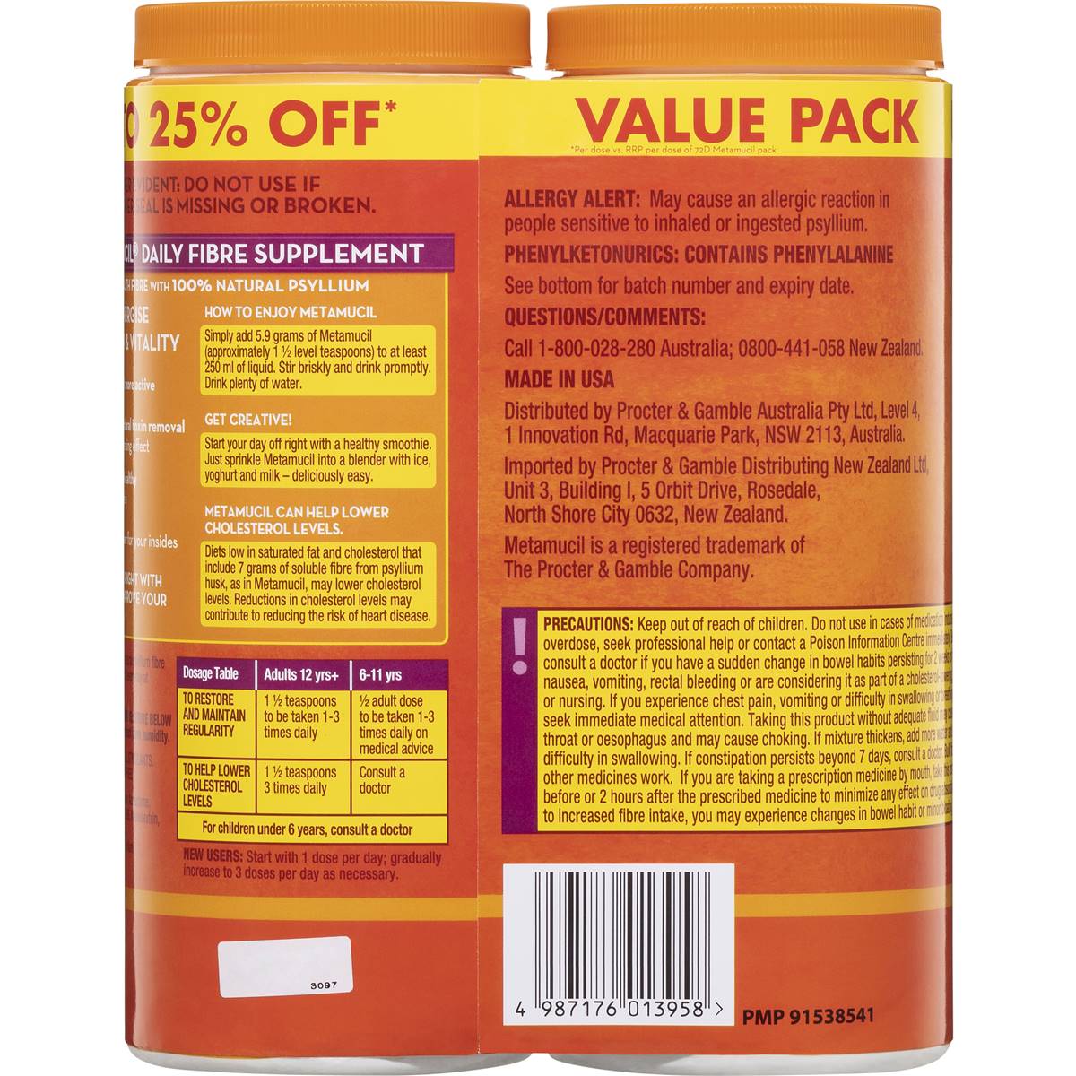 Metamucil Orange Smooth 425g x 2 Pack