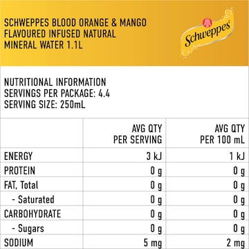 Schweppes Zero Sugar Blood Orange Mango Sparkling Mineral Water 1.1L