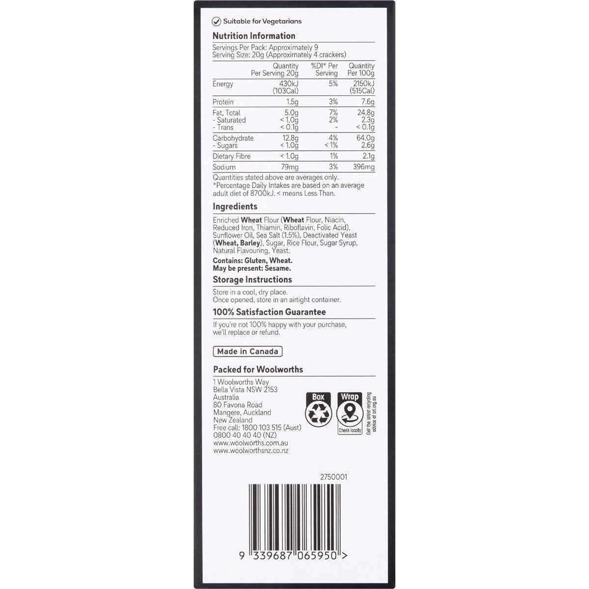 Woolworths Sea Salt Crackers 185g