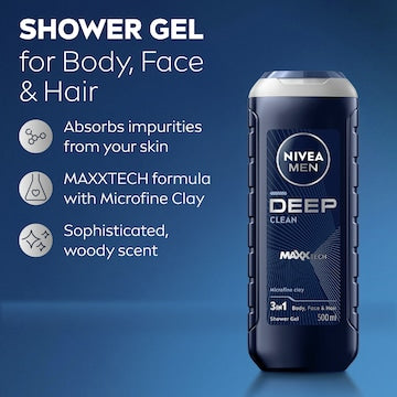 Nivea Men Deep 3 In 1 Shower Gel & Body Wash 500mL