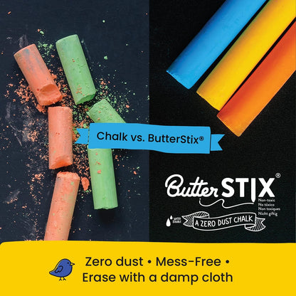 Jaq Jaq Bird ButterStix Zero Dust Chalk 12pc Assorted Colours with Holder Stationary Art and craft for kids 3yrs+