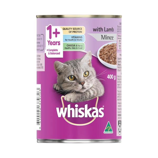 WHISKAS 1+ YEARS ADULT WET CAT FOOD LAMB MINCE 400G CAN