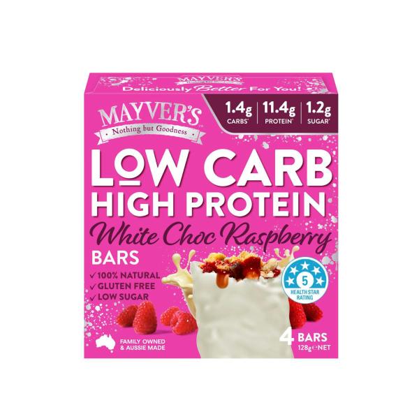 MAYVER'S LOW CARB HIGH PROTEIN WHITE CHOCOLATE RASPBERRY BARS 4 PACK 128G
