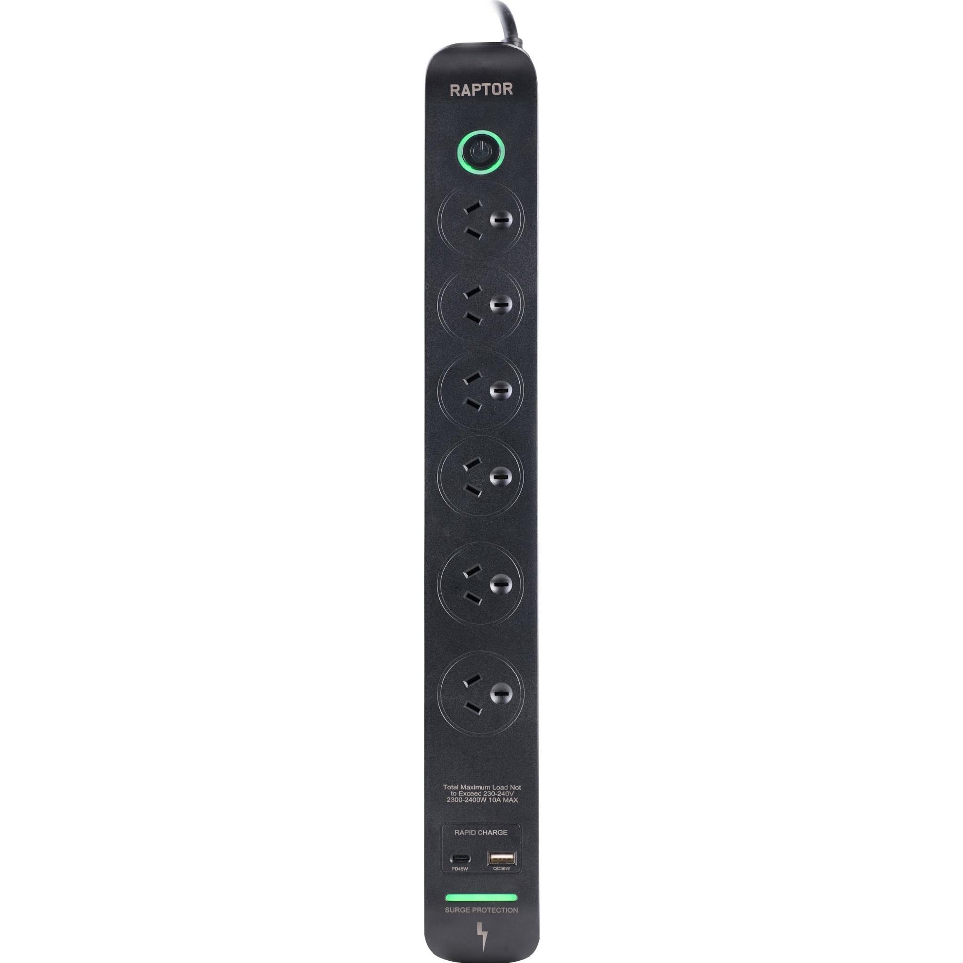 Jackson Raptor 6 Outlet Slimline 45W PD Surge Protected Powerboard