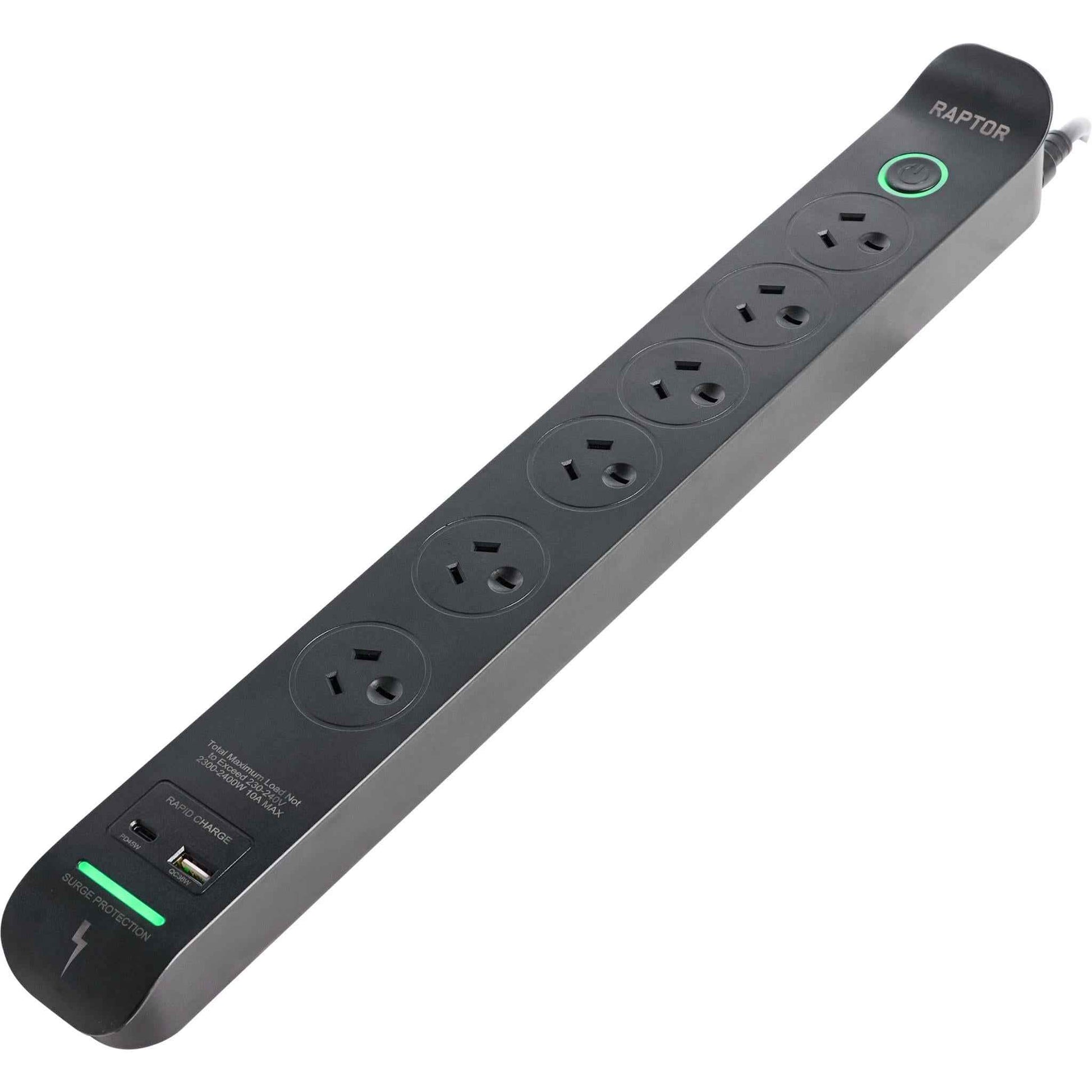 Jackson Raptor 6 Outlet Slimline 45W PD Surge Protected Powerboard