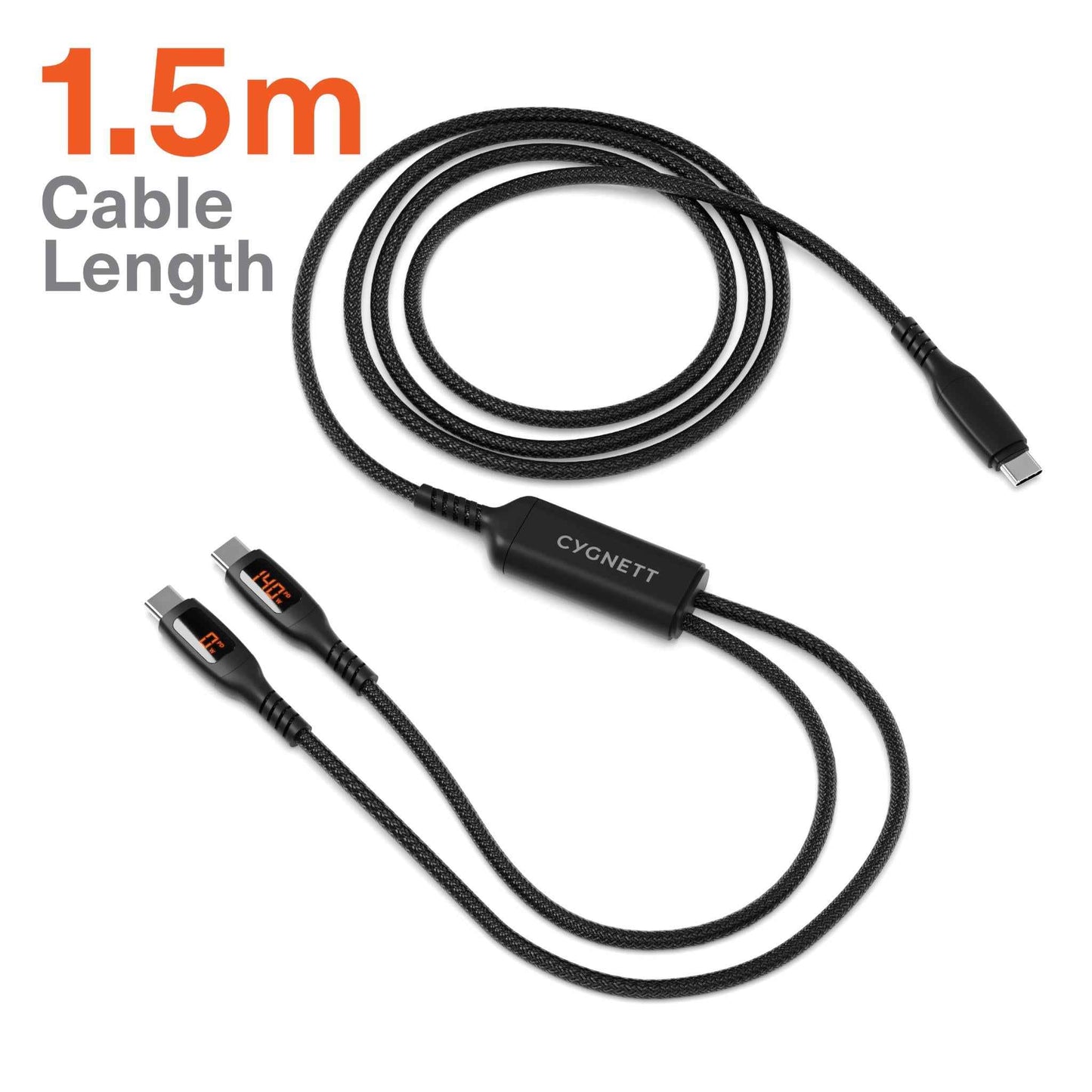 Cygnett Dual USB-C Split LED 140W Cable 1.5m (Black)