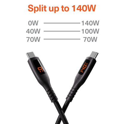 Cygnett Dual USB-C Split LED 140W Cable 1.5m (Black)