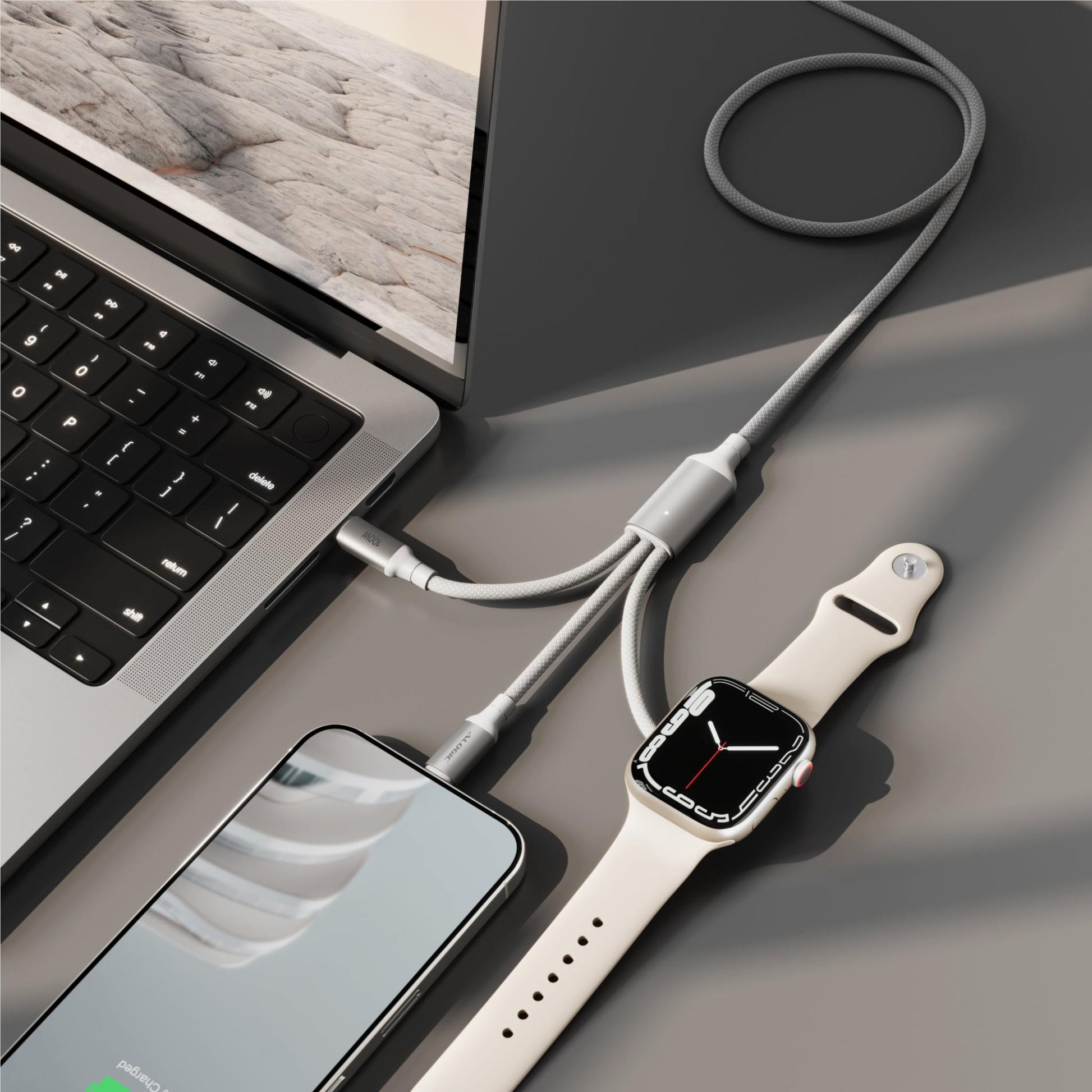 ALOGIC Trinity 3-in-1 Dual USB-C and Apple Watch 100W Charge Cable 2m (White)