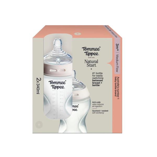 TOMMEE TIPPEE BABY BOTTLES NATURAL START ANTI-COLIC BOTTLE 340ML 3M+ PACK OF 2