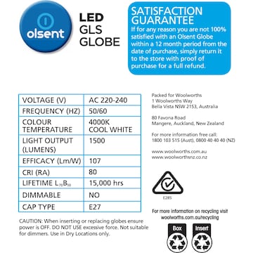 Olsent LED Gls Globe Es 14.0W 1500lm Cool White 2 pack
