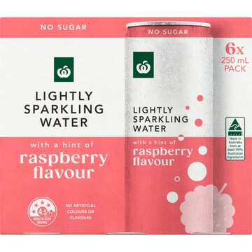 Woolworths Lightly Sparkling Water Cans Raspberry 250mL x 6 pack