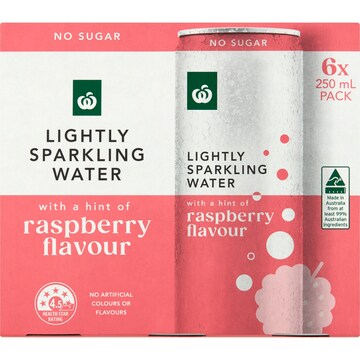 Woolworths Lightly Sparkling Water Cans Raspberry 250mL x 6 pack