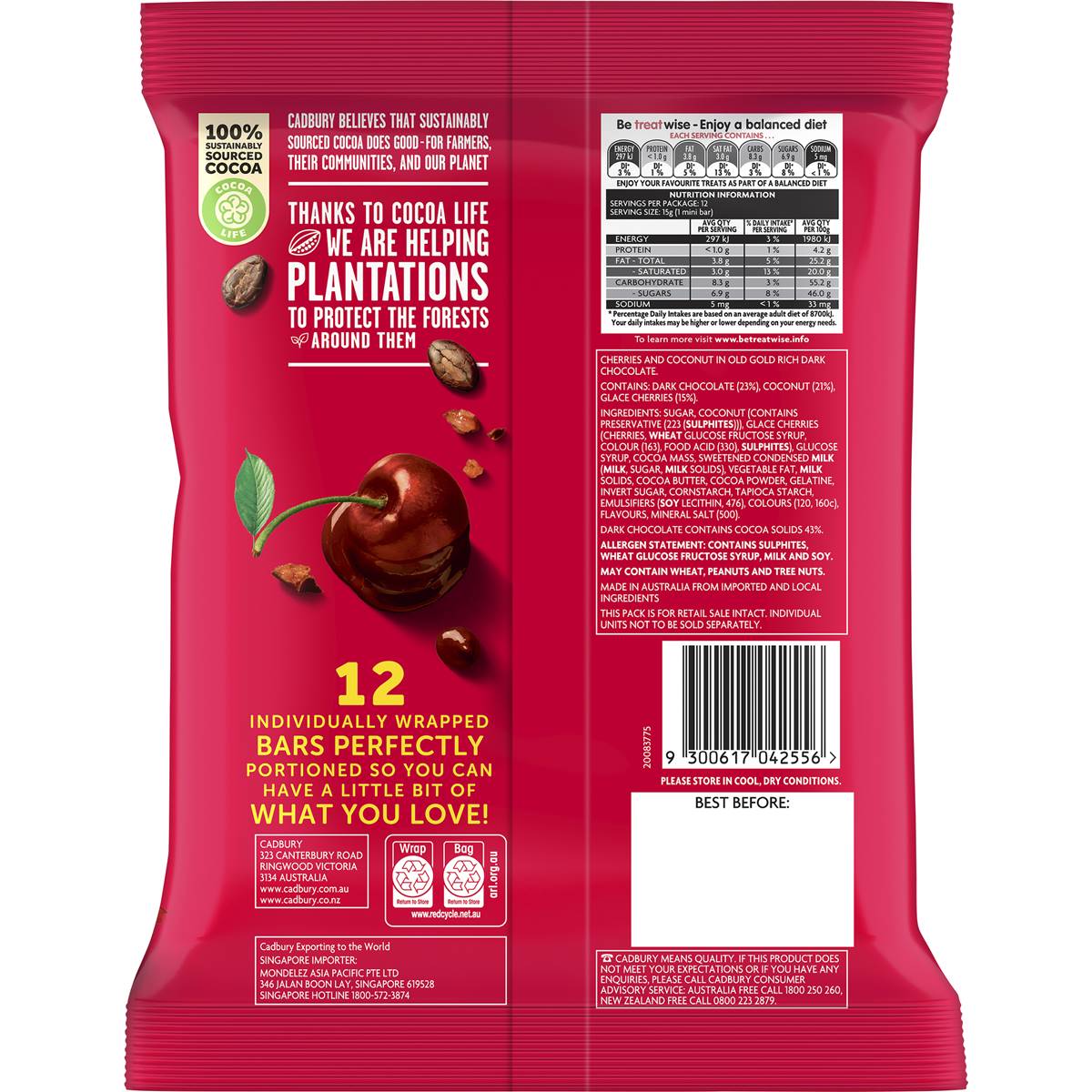 Cadbury Cherry Ripe Dark Chocolate Share Pack 12 Mini Bars 180g