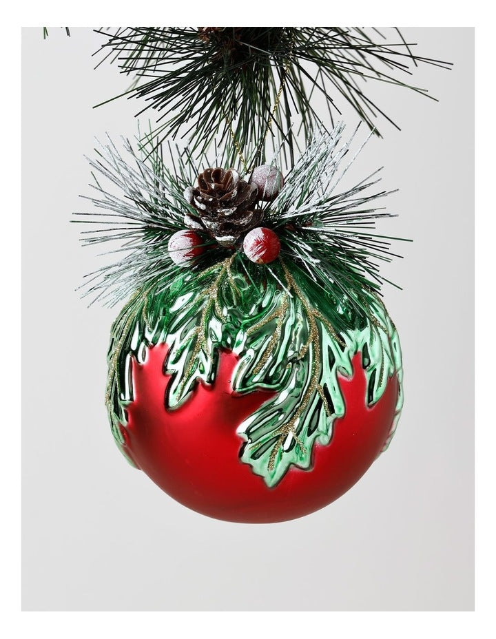 Heirloom Christmas Glass Mistletoe with Pinecone Foliage BaubleRed: 12cm