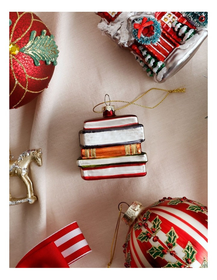 Heirloom Christmas Glass Stacked Books OrnamentRed/Blue: 6 cm