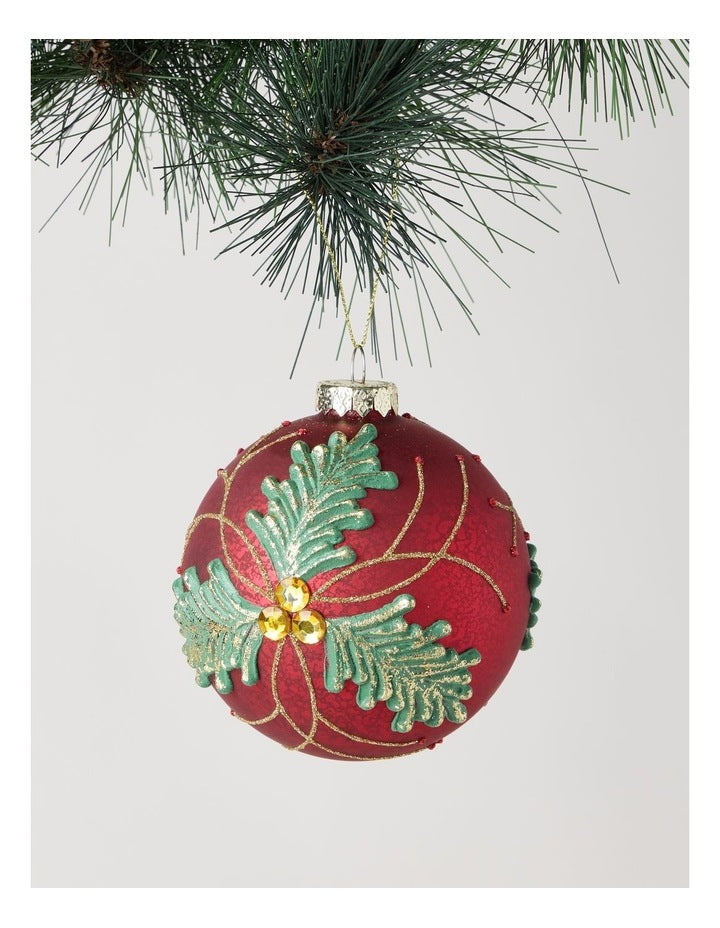 Heirloom Christmas Glass Holly Leaf Bauble Ornament 10cm in Red