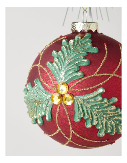 Heirloom Christmas Glass Holly Leaf Bauble Ornament 10cm in Red