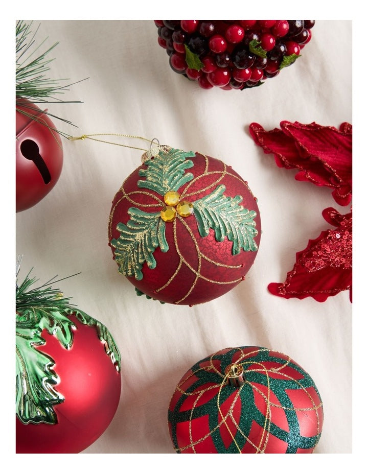 Heirloom Christmas Glass Holly Leaf Bauble Ornament 10cm in Red
