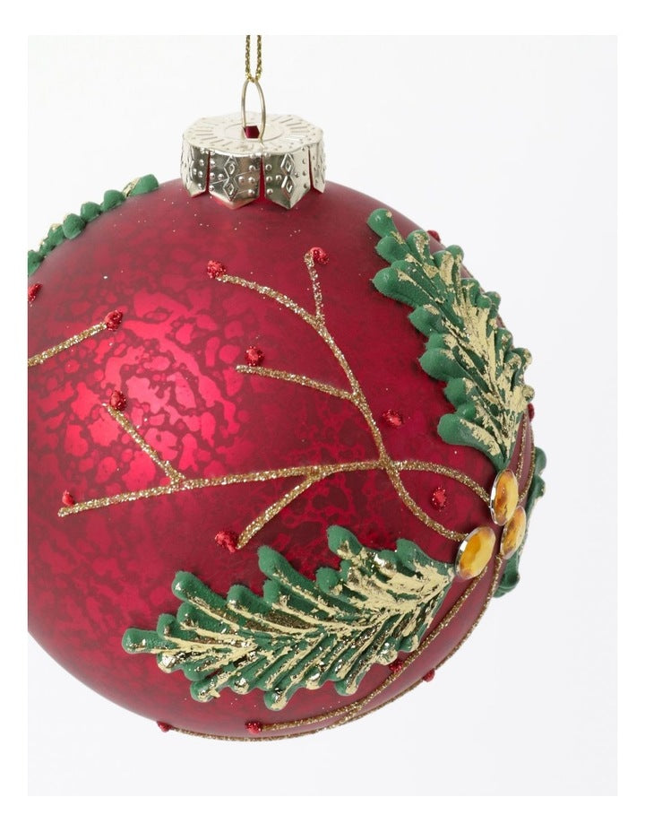 Heirloom Christmas Glass Holly Leaf Bauble Ornament 10cm in Red