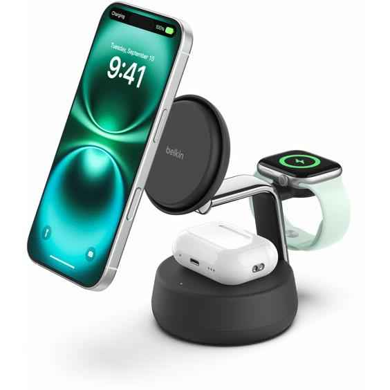 Belkin UltraCharge Pro 3-in-1 Magnetic Qi2 25W Charging Dock (Charcoal)