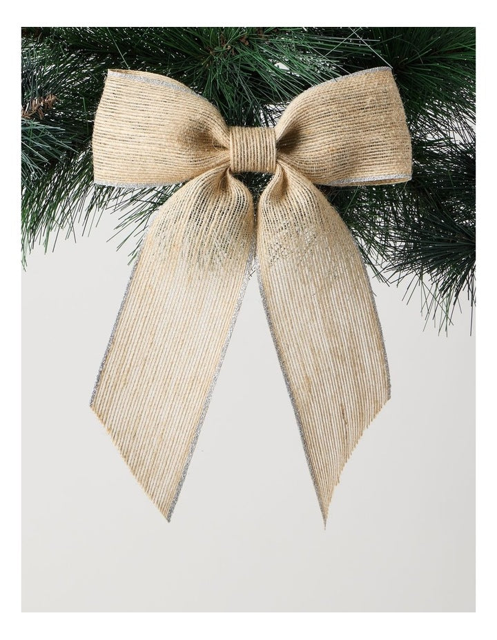 Eucalyptus Christmas Fabric Hessian Bow with Glitter Trim Clip 23cm in Natural