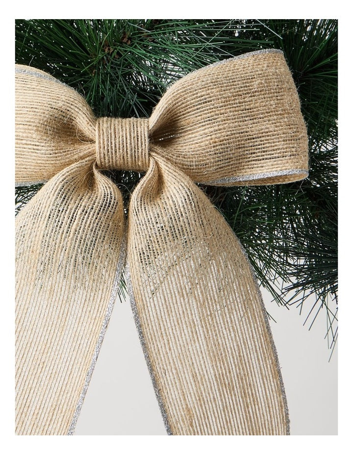 Eucalyptus Christmas Fabric Hessian Bow with Glitter Trim Clip 23cm in Natural